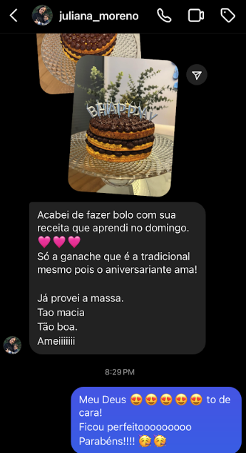 Depoimento — bolo de aniversário feito com receita do curso