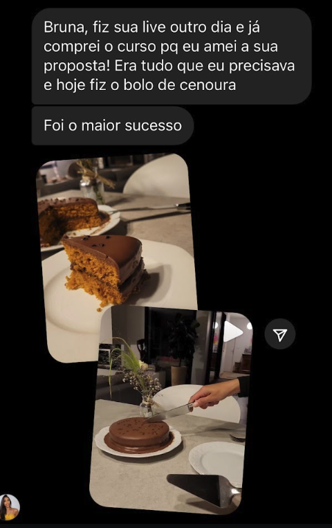 Depoimento — bolo de cenoura feito após a live