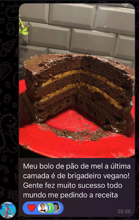 Depoimento — bolo pão de mel com brigadeiro vegano